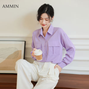 AMMIN เสื้อเบลาส์แขนยาวผ้าชีฟองคอปกสไตล์เกาหลีเสื้อเบลาส์แขนพอง OL สาวออกแบบกระเป๋าคู่ได้2023ฤดูใบไม้ผลิและฤดูใบไม้ร่วง