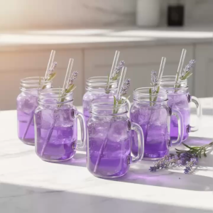 Set 6 Ly Thủy Tinh Có Quai Mason Jar 450Ml Kèm Nắp Và Ống Hút – Đựng Trà Sữa Detox Nước Ép