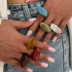 KunJoe 6 Colors Bohemian Brown Red Acrylic Ring for Women Retro Geometric Irregular Resin Wide Knuckle Ring Party Jewelry New