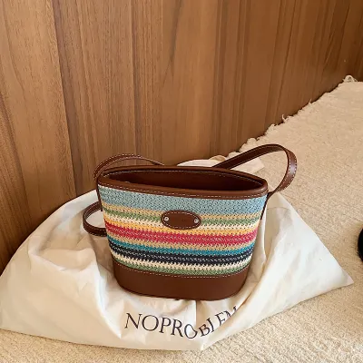 Niche Design Rainbow Striped Woven Grass Bag Bucket