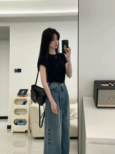 Black Pure Cotton Short-Sleeve T-shirt for Women New Summer 2024 Style K-style Fairy Wanshi Brand Pure Color Pattern