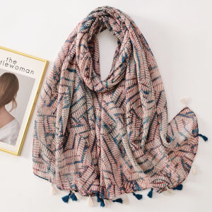 Spring Summer New Style Cotton Linen Hand Feel Silk Scarf Women Apricot Color Flower Print Travel Sunscreen Beach Towel