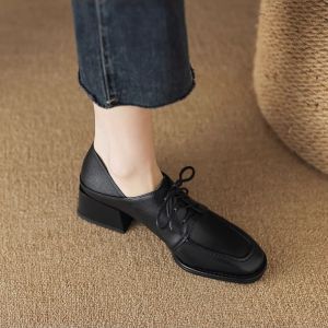 Handmade Leather Deep Mouth Single Shoes Womens Spring Autumn Versatile Square Head Thick Heel Loafers High Heels Brown Series