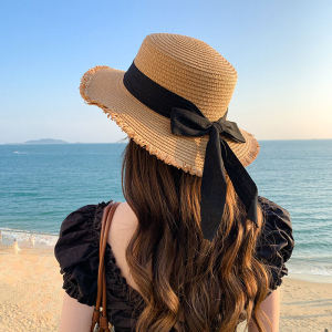 Casual Summer Straw Hat Womens Beachside Vacation Sunshade Fashionable Frayed Edge Wide Brim Hat Butterfly Knot Hairband