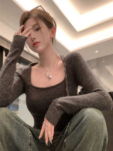 Spicy Girl Style Short Knitted Sweater Womens Early Autumn New Low Neck Base Shirt Design Casual Square Collar Inner Wear
