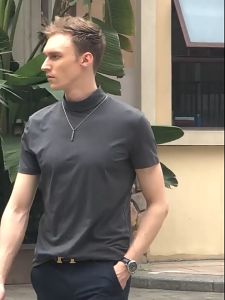 Mens High-neck Short-sleeved T-shirt Cotton Half-sleeved Mens Bottoming Shirt Handsome Teenagers Thin Section of The Fashion In The Collar Mens Short-sleeved Tops