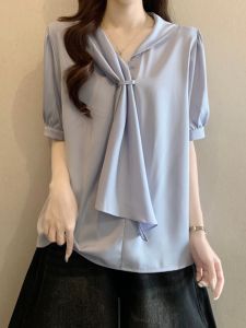 V-neck Elegant Design Short Sleeve Blouse