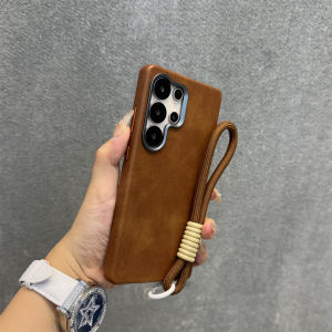 Vintage Brown Leather Magnetic Absorption Galaxy S24 Ultra Protective Case Independent Metal Key Buttons High-End Feel for Samsung S25 Ultra