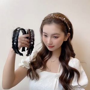 Korean Pearl Fishbone Braid Wig Headband for Woman  Twist Headwear
