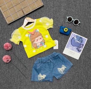 Setelan anak perempuan impor / set denim jeans girl cute yellow