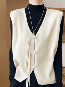 New Chinese Style V-Neck Button-Up 100 Pure Cashmere Open Cardigan Vest Women Loose Layering Sweater Shoulder Wool Knitted Vest