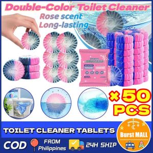 50pcs Toilet Bowl Cleaner Tablets 2-in-1 blue-pink antibacterial and descaling toilet decontamination tablets 2-color toilet cleaner with light rose scent Antibacterial And Descaling Toilet Decontamination Tablets Rose Scent Household Cleaning