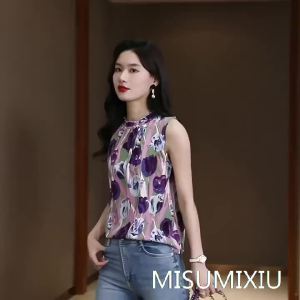 223MISUMIXIU Western-style Printed Chiffon Blouse Womens 2025 Summer New Loose Sleeveless Fashion Stand-up Collar Tops Lady