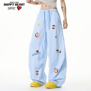 CHARLES JANGS HAPPY HEART | Cartoon Print Simple Versatile Loose Straight Pants Summer