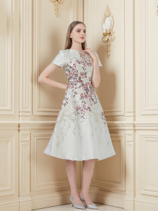 Đầm Midi Nữ Sang Trọng Tay Ngắn Cổ V Chất Liệu Jacquard Cao Cấp Eo Được Định Hình Thích Hợp Dự Tiệc Dạ Hội Đầm Dạ Hội Họa Tiết Hoa.