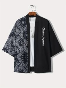 Áo Sơ Mi Nam Phong Cách Kimono Thường Ngày In Chữ Nhật Bản Dáng Rộng Hở Phía Trước Tay Áo Ba Phần Tư Dành Cho Người Lớn Kỳ Nghỉ Hè Mặc Ở Khu Nghỉ Dưỡng