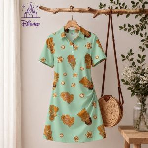 Disney | Women Clothes A-line Beach Dress Womens Disney Princess Print Polo Collar Mini Dress Short Sleeve New Streetwear Fashion Kawaii