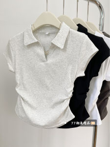 Slim Fit Short Sleeve Polo Shirt Womens Casual Style Regular Shoulder Design Irregular Pleated Short Length Top for Girls