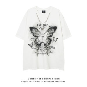 เสื้อยืดแขนสั้นผู้ชาย MOISHE TIDE ลายผีเสื้อ ทรงหลวม ทรงฮิปฮอป ผ้าฝ้ายแท้ ดีไซน์เก๋ไก๋ สำหรับฤดูร้อน