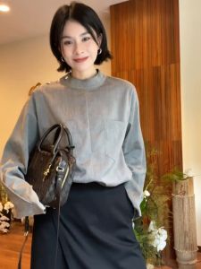 YUFUQING | Gray Long Sleeve Loose Fit Stand Collar Shirt Womens Early Autumn New Style Casual Vintage Slimming Versatile Top