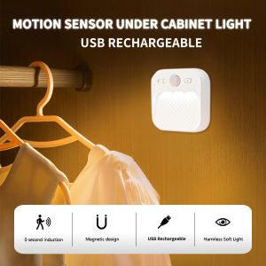 1-4 Pack Motion Sensor LED Night Light Rechargeable Stick-on Magnet Night Lamp For Bedroom Kitchen Stair Hallway Cupboard Light