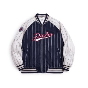 MADEN | American Vintage Stripes Letter Embroidery Badge Contrast Color Spliced Casual Jacket