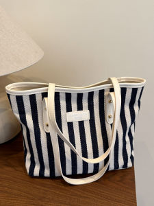 Retro Artistic Large Capacity Shopping Bag Tote Casual Fashion Shoulder Bag Simple Fresh Stripes Korean Style Handbag