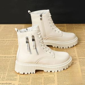 Womens Martin Boots Autumn Winter Short Warm Leather Anti-slip Fashionable Student Booties with Fleece Lining And Side Zipper