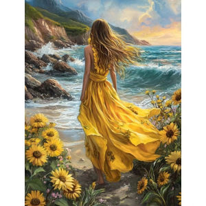 Kayou | Paint By Numbers Seaside Girl in Yellow Dress DIY Frameless HandPainted Wall Art Coloring Painting for Living Room Home Decor