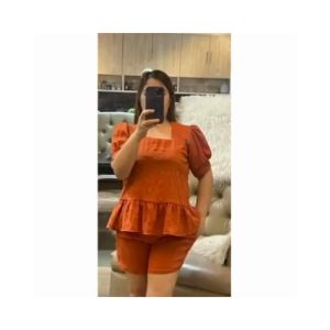 Seline Square Neck Puff Sleeve Peplum Plus Size Terno Top & Shorts (SD Online Mall) - Tie Dye Dress with Side String, Available in Orange, Violet, Blue, Pink, Brown, and Black