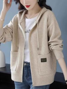 Womens Loose Zipper Hooded Knitwear Spring Outerwear Sweet Style Long Sleeve Cardigan Casual Comfortable Breathable Coat