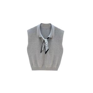 YUEZHONGWEI | Color Block Stripe Knitted Vest Women Summer Outerwear Slim Short Sleeveless Polo Shirt Top With Sash Silk Scarf Casual Style