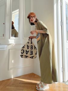 ชุดเดรสยาวแขนสั้นหลวมๆ สไตล์เกาหลี Pure Cotton Slim Fit คอตั้ง แขนสั้น ยาวถึงข้อเท้า สำหรับผู้หญิง