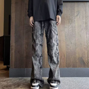 American Style Cuffed Washed Vintage Loose Mens Jeans High Street Wide Leg Long Pants Retro Style Cotton Polyester Blend