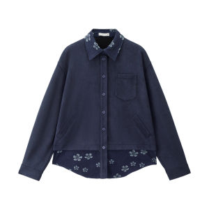 Giordano Designer Suede Patchwork Long Sleeve Shirt Womens Loose Fit Floral Embroidery Denim Shirt Elegant Style 18345226