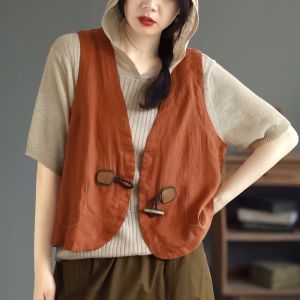 เสื้อกั๊กผ้าลินินฤดูร้อนสำหรับผู้หญิง 2023 เสื้อคาร์ดิแกนบาง แขนกุด แฟชั่น เสื้อคลุมกันหนาวแบบสวมหัว ทรงเข้ารูป ทรงเข้ารูป