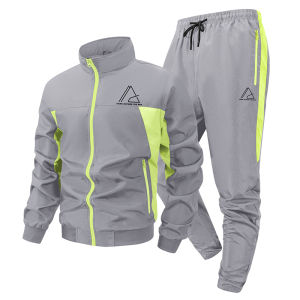 Triangle Graphic Colorblock Sports Set for Men Outdoor Casual Zip Up Coat Jacket Outwear Tops Pants Trousers with Zipper Pockets