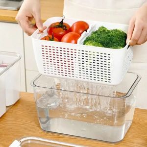 Square Vegetable Fruit Washing Basket Multipurpose Plastic Drain Basket Kitchen Double-layer Storage Strainer with Lid