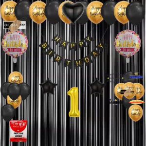 (20Pcs Balon) Set Dekorasi Ulang Tahun Balon Happy Birthday Gold / Paket Ultah Anak Banner Hitam