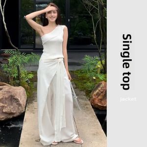 YUEZHONGWEI | Irregular Off-Shoulder Halter Neck White Ice Silk Knit Tank Top for Women Summer Wear Slimming