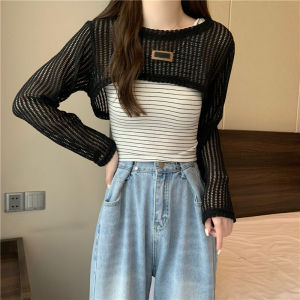 NLONKE Fashionable Retro Design Hollow-out Long Sleeved Top Design Sense Niche Shawl Knitted Short Smock