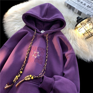 Spring Autumn Mens Hoodie Embroidered Loose Fit Casual Cotton Polyester Blend Youth Trendy Purple Couples Sweatshirt