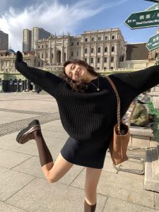 เสื้อสเวตเตอร์คอตั้งสีดำหลวมๆ สำหรับผู้หญิง ฤดูใบไม้ร่วง/ฤดูหนาว สไตล์เกาหลี ทรงหลวมๆ ลำลอง ถักด้วยผ้าขนสัตว์ แขนยาว ปกติ