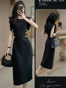 Slimming High Waist Black Hepburn Style Womens Dress Summer New Arrival Street Fashion Midi Dress Korean Style Splice A-Line Skirt
