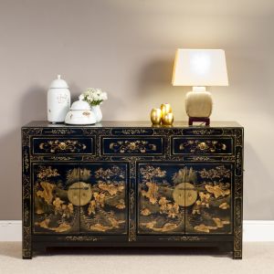 Chinese Style Solid Wood Sideboard Black Gold Painting Antique Foyer Entrance Cabinet Storage Old Elm Wood Furniture Hand-Painted Side View Cabinet