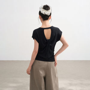 BAIDAIFEI | Black Lace-up Hollow Out Back Straight Shoulder Short Sleeve Tee