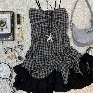 Vintage Plaid Strapless Dress Slimming plus Size Summer Fashionable Lightweight Polyester A-Line Skirt Body Concealing