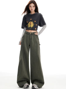 American Military Green Work Pants Womens New Style Multi-Pocket Retro Casual Wide Leg Loose Micro Flare Jeans Cotton High Waist Zipper Closure