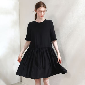Miccbeirn | Simple Elegant Silk Shantung Dress Sweet Style A-Line Skirt Petite Size Mulberry Silk Doll Dress Commute Style Regular Sleeve