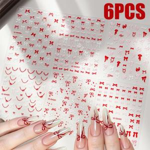 6Pcs 3D Red White Polka Dots Bow Nail Stickers French Curve Self-Adhesive Nails Decals Grace Lace Heart Ribbon Manicure Decor